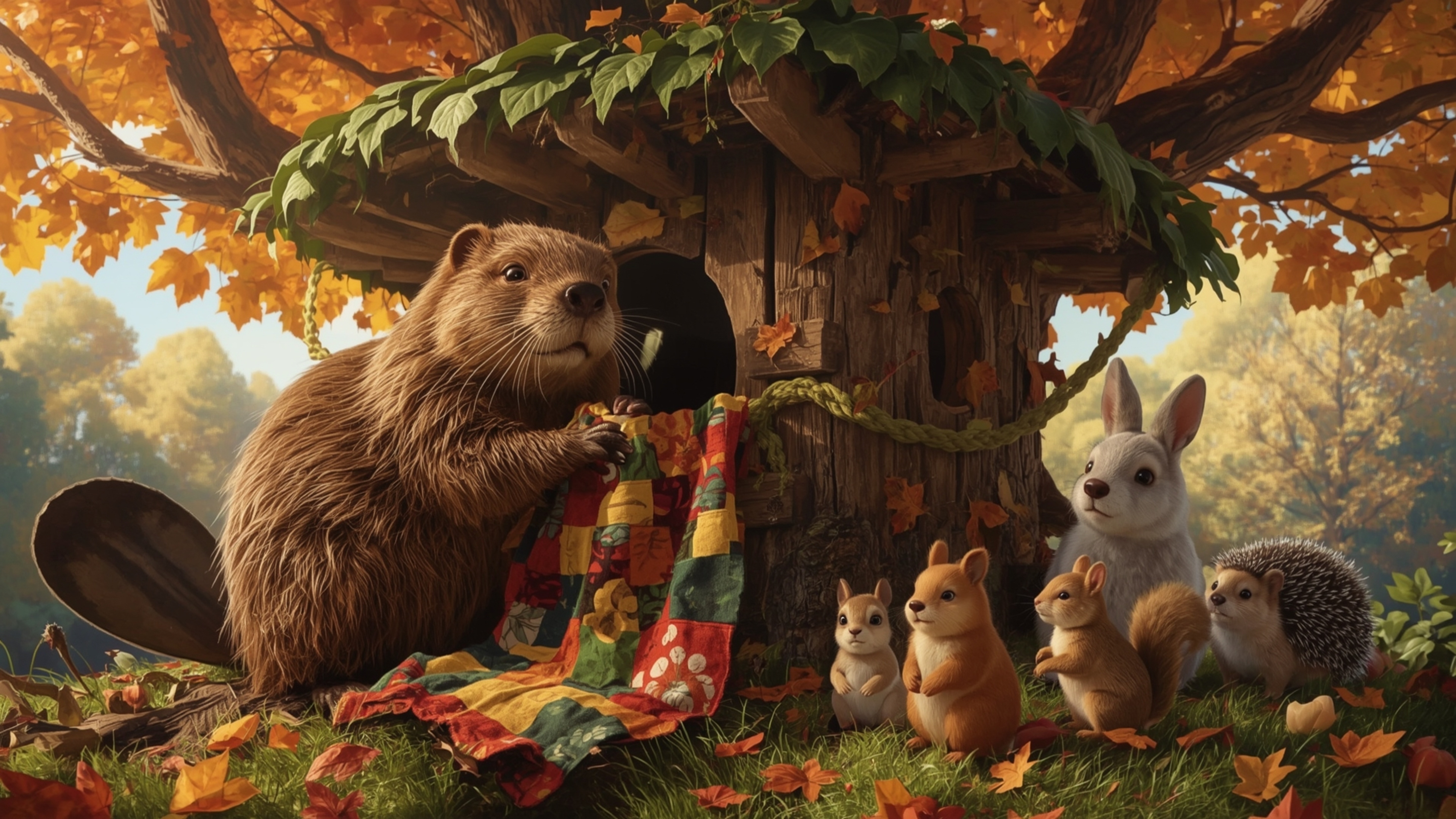 A highly detailed, high-resolution stock photo, rendered in a stylized, Pixar-inspired aesthetic, captures a busy beaver buil