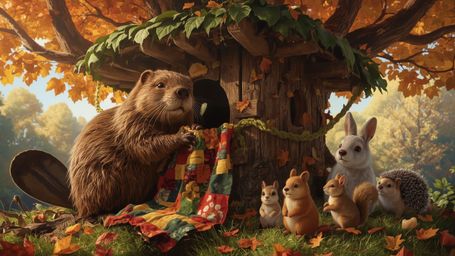 A highly detailed, high-resolution stock photo, rendered in a stylized, Pixar-inspired aesthetic, captures a busy beaver buil
