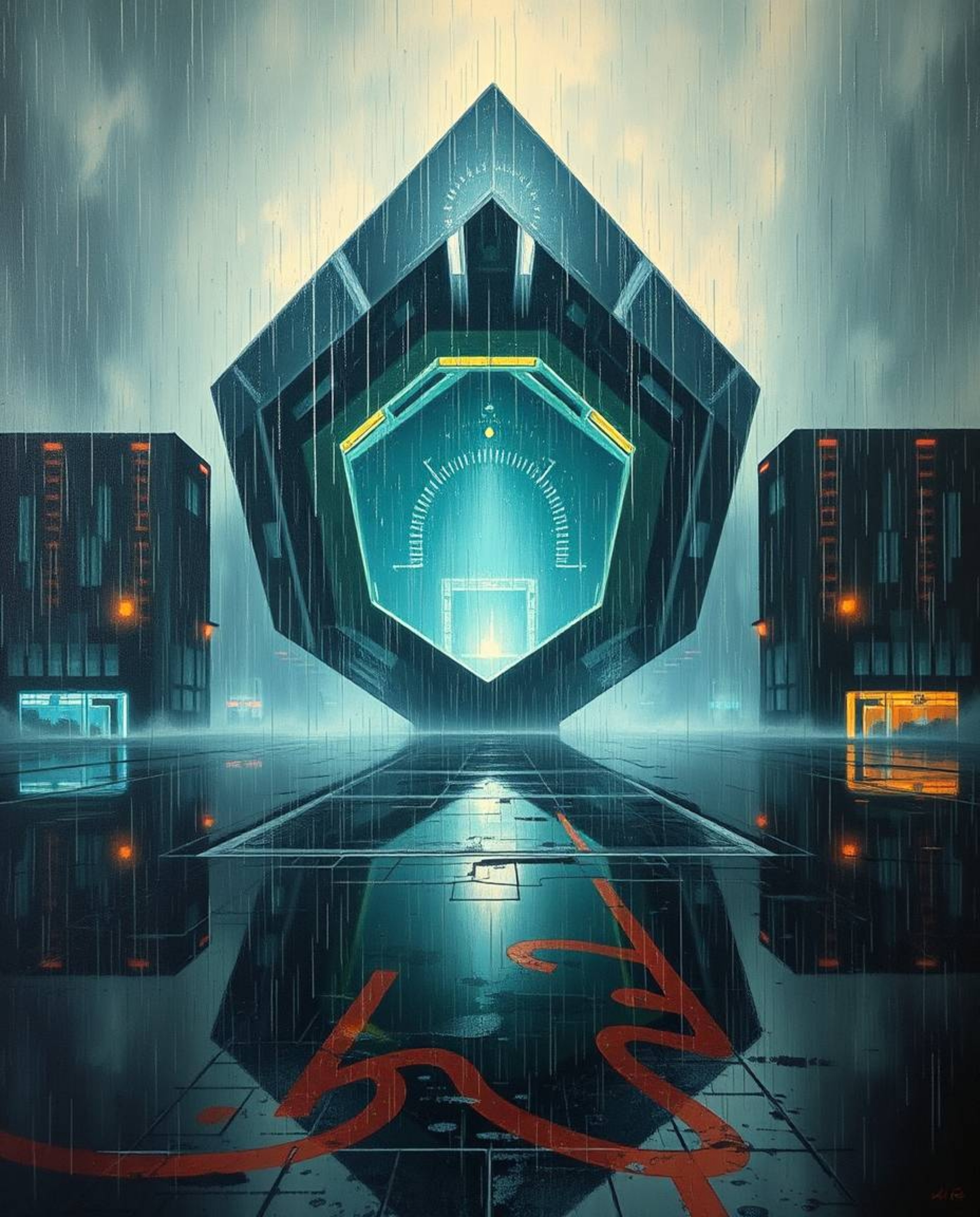 Experience an epic, grand scene reminiscent of a classic oil painting, showcasing a futuristic and rainy cityscape. Glitched 