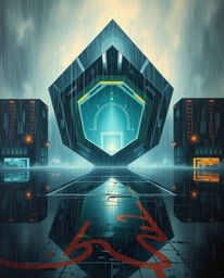 Experience an epic, grand scene reminiscent of a classic oil painting, showcasing a futuristic and rainy cityscape. Glitched 