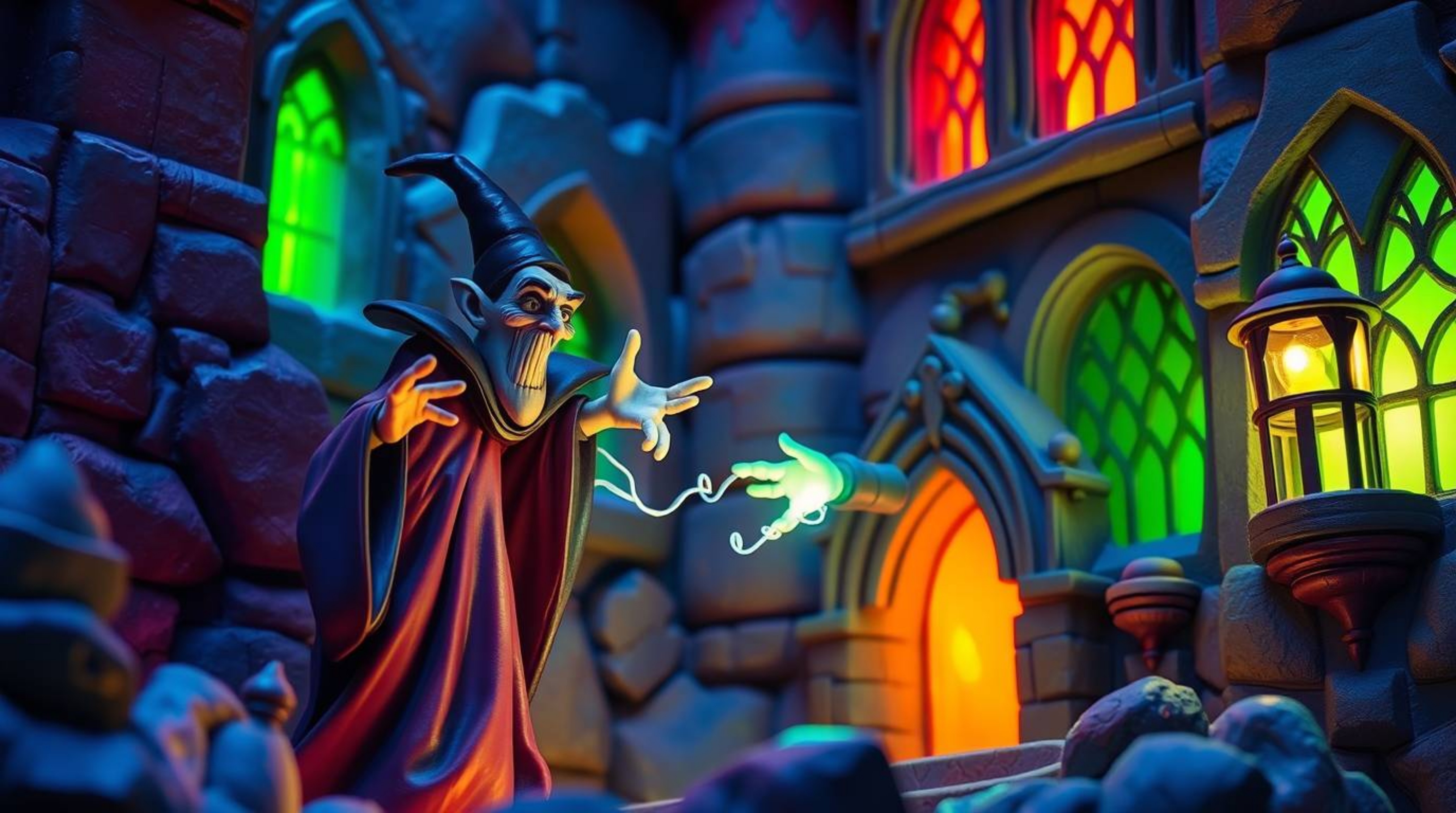 A captivating clay sculpture depicts a classic Disney villain casting a spell within an ancient castle.  The artwork is illum