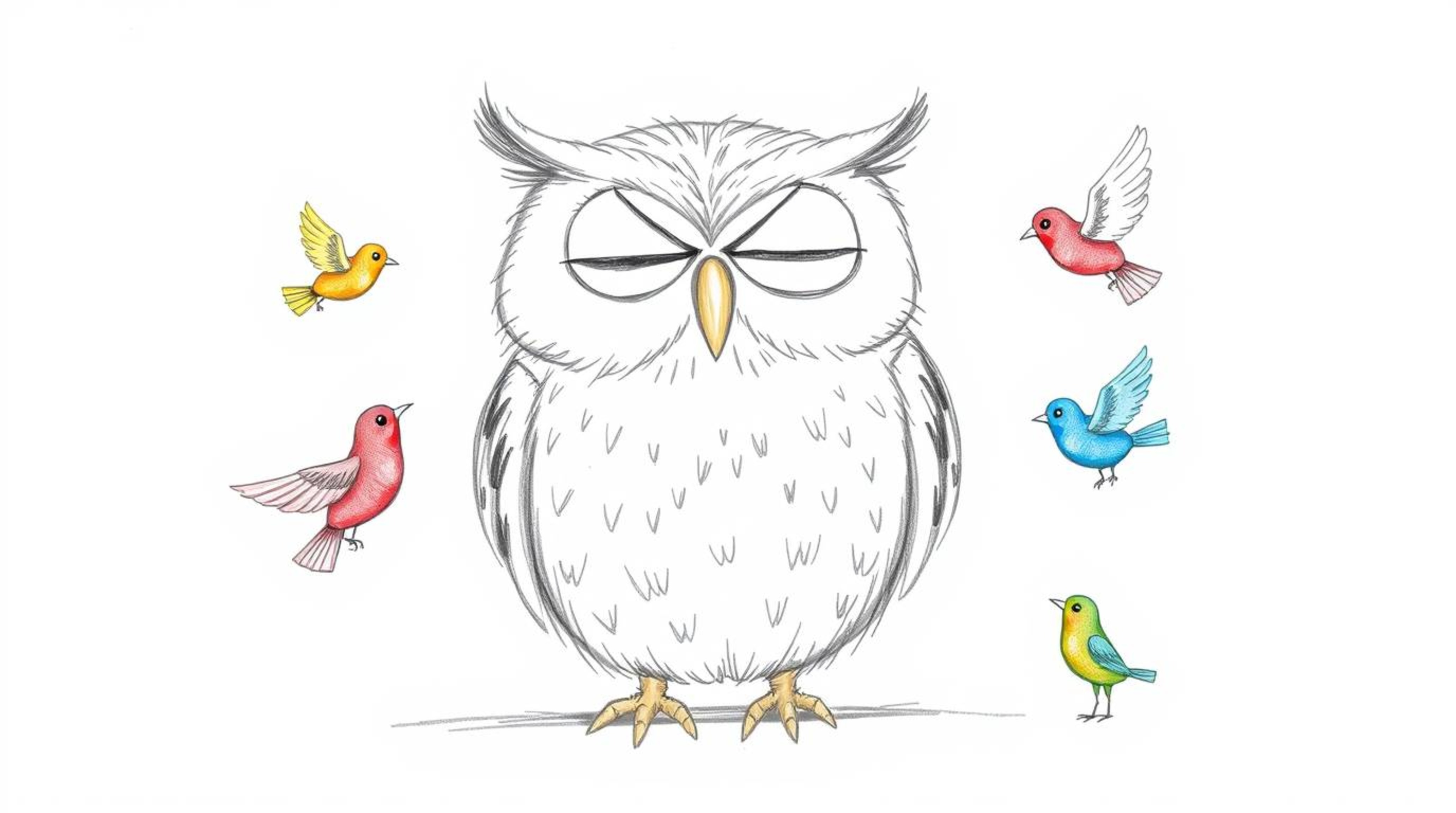 A heartwarming hand-drawn sketch in Pixar style depicting a large, blind owl with a serene expression, surrounded by small, c