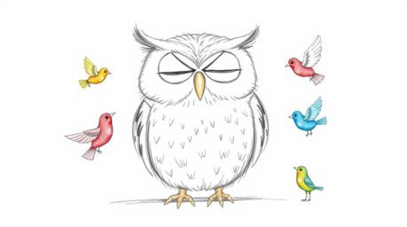A heartwarming hand-drawn sketch in Pixar style depicting a large, blind owl with a serene expression, surrounded by small, c