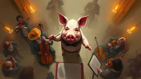 Overhead bird's eye view digital sketch depicts a pig character passionately conducting an orchestra enveloped in a misty atm
