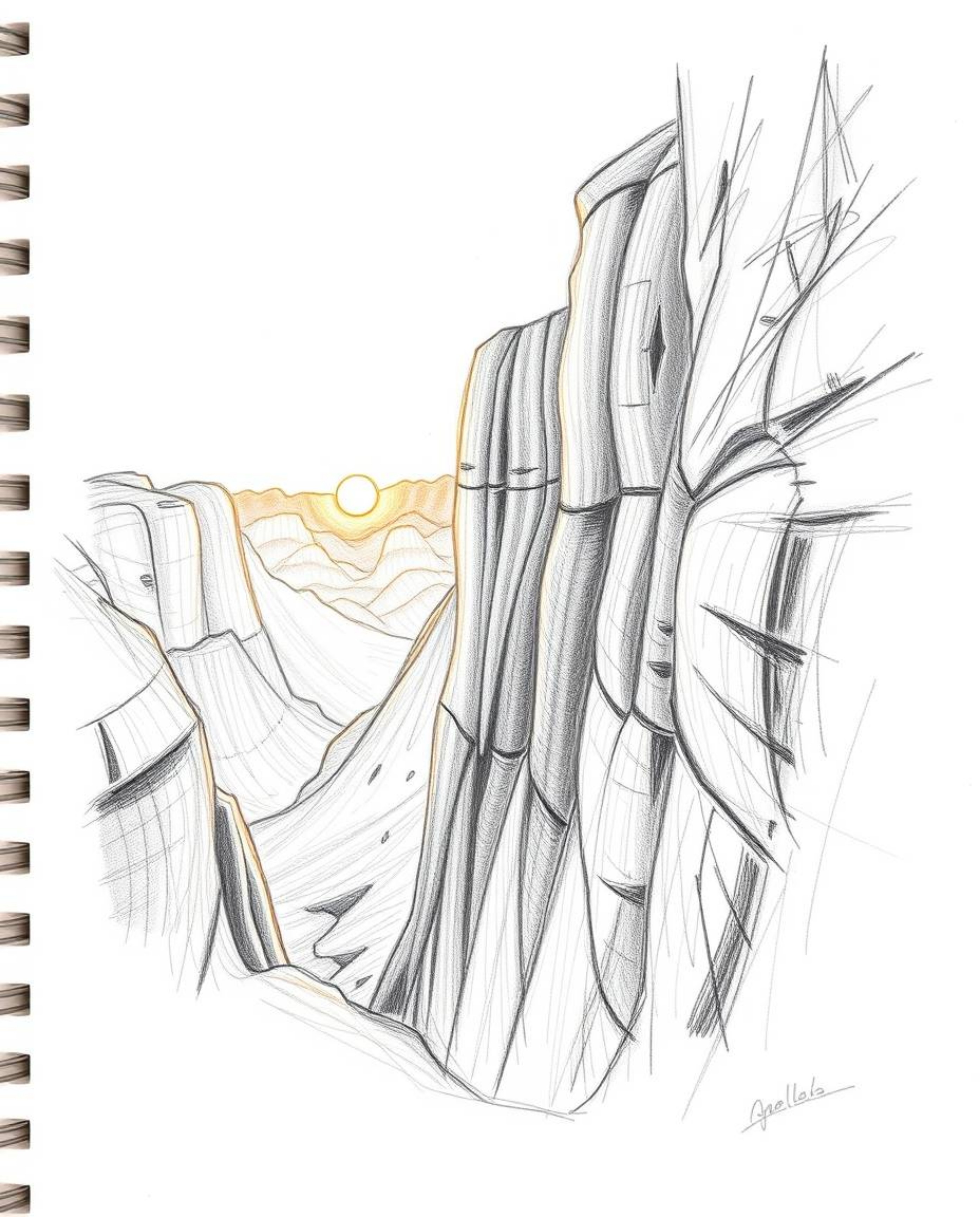 A hand-drawn sketch from a high-angle perspective shows a sunset illuminating sandstone cliffs in a canyon. The artwork is ch