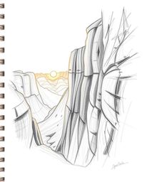 A hand-drawn sketch from a high-angle perspective shows a sunset illuminating sandstone cliffs in a canyon. The artwork is ch