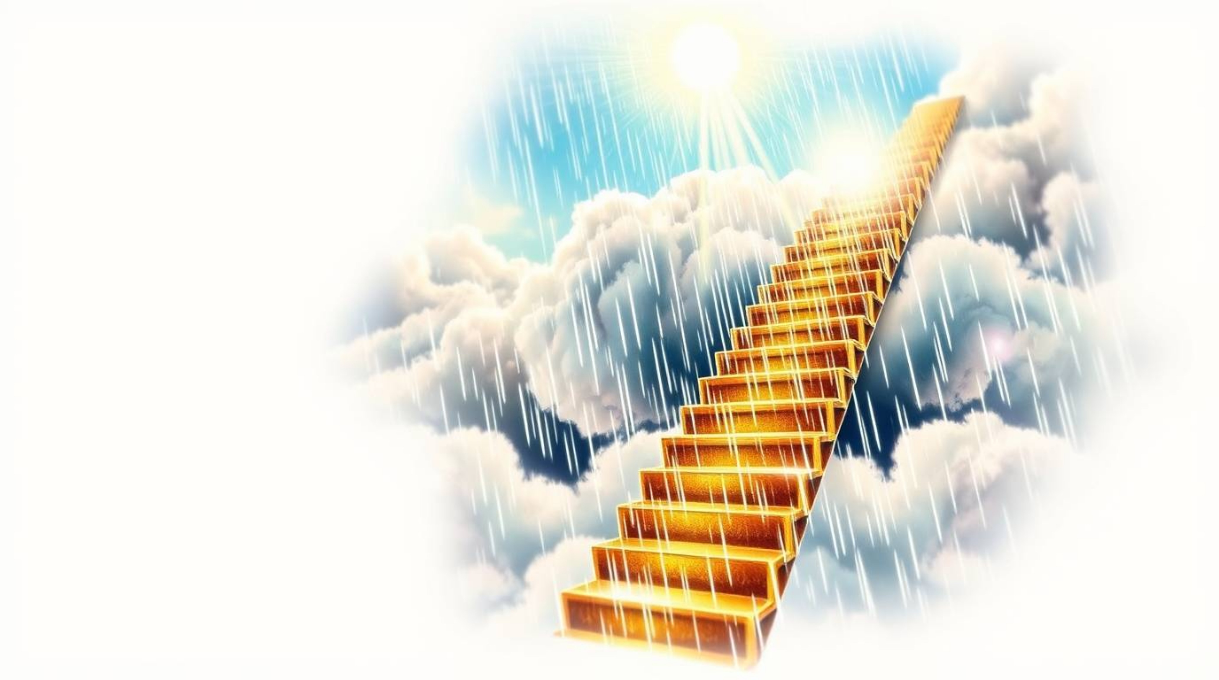 A vibrant digital art print reminiscent of traditional tattoo art.  It depicts a golden staircase ascending through ethereal 