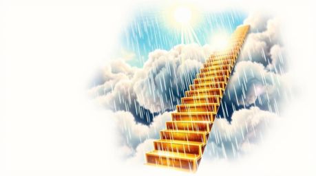 A vibrant digital art print reminiscent of traditional tattoo art.  It depicts a golden staircase ascending through ethereal 