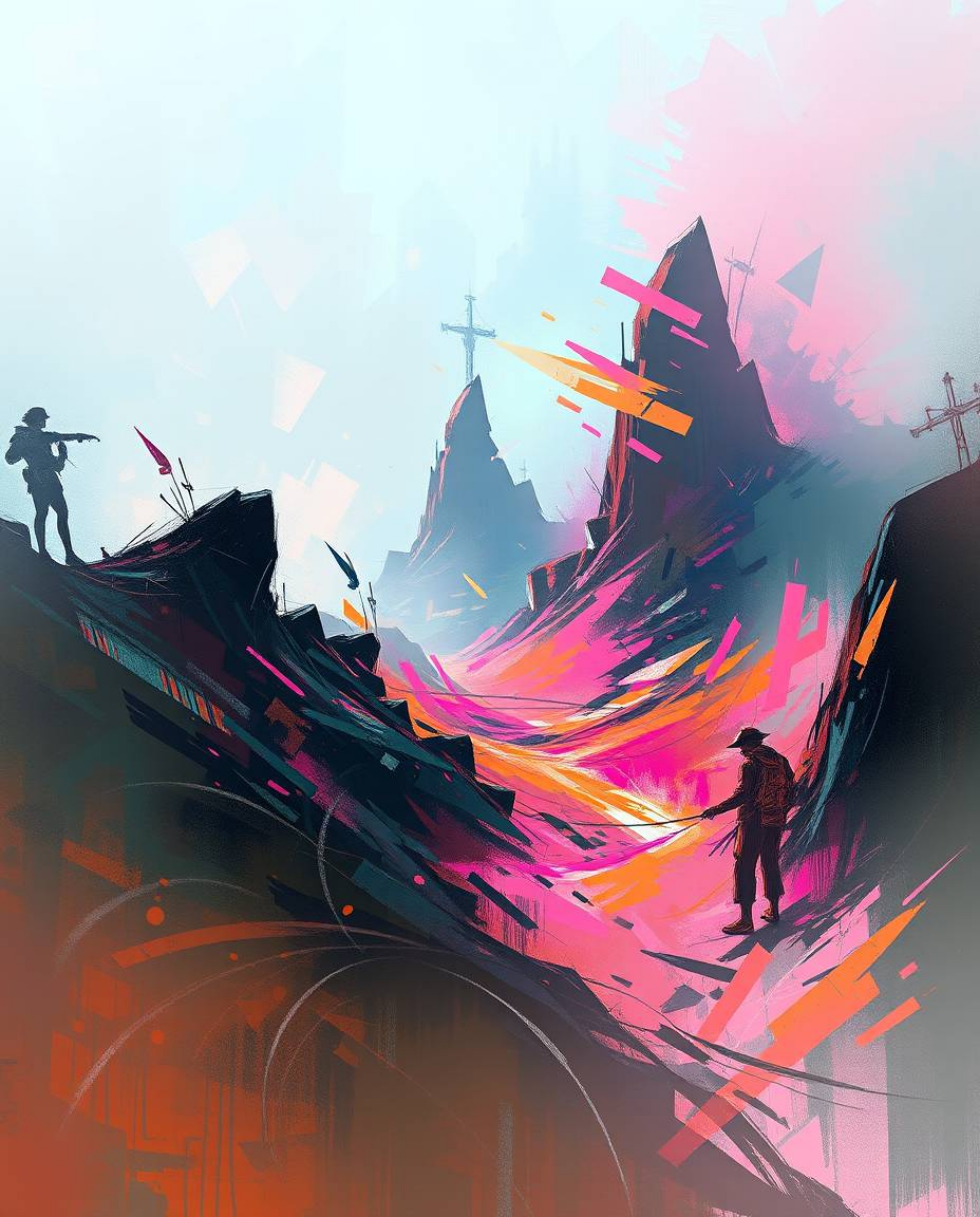 A dynamic digital sketch portrays a mesmerizing digital glitch landscape in the process of breaking apart, rendered in comple
