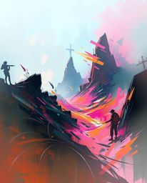 A dynamic digital sketch portrays a mesmerizing digital glitch landscape in the process of breaking apart, rendered in comple
