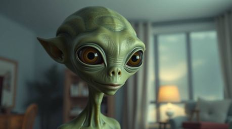 This high-resolution stock photo depicts a green-skinned alien with large eyes residing in a typical suburban house. The imag