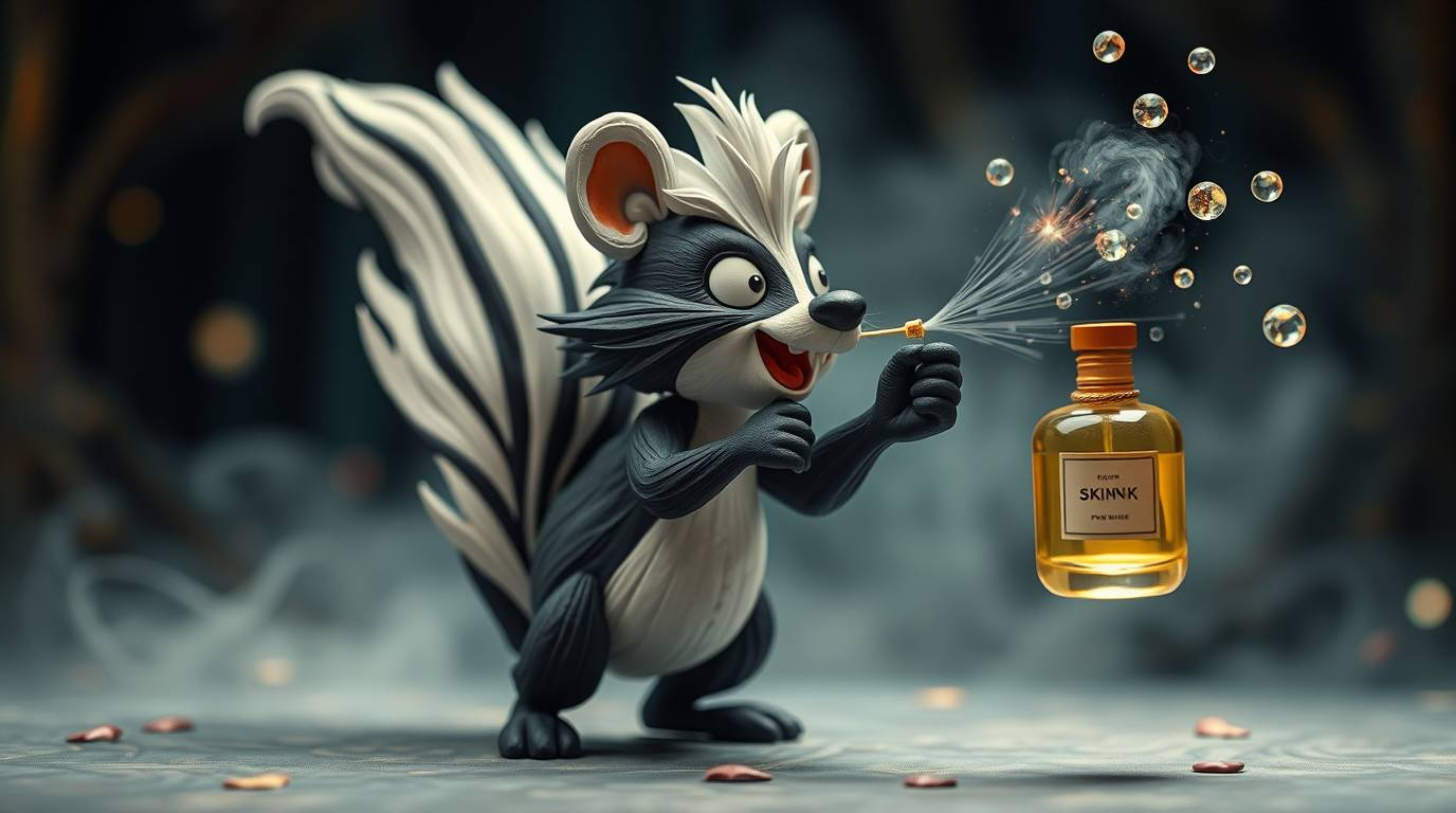 A whimsical cartoon skunk, dynamically spraying perfume in a mystic and enchanting realm, is brought to life through layered 