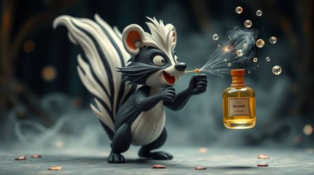 A whimsical cartoon skunk, dynamically spraying perfume in a mystic and enchanting realm, is brought to life through layered 
