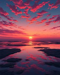 An Isekai anime rendering portrays a beautiful sunset sky as it is reflected in the tidal pools on a beach. This illustration