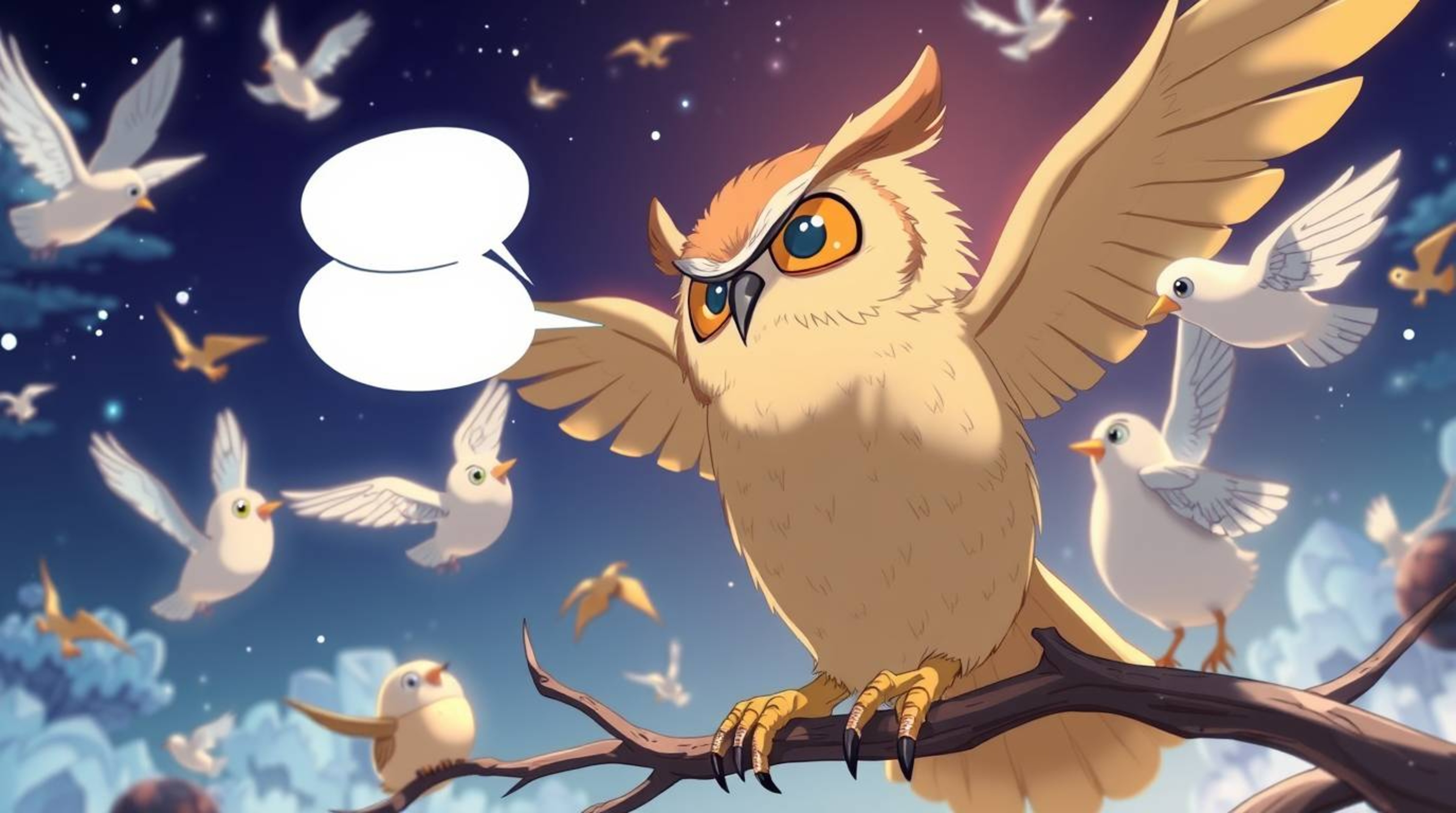 Experience a heartwarming scene in an Isekai anime style, featuring a blind owl in Pixar style lovingly teaching birds to fly