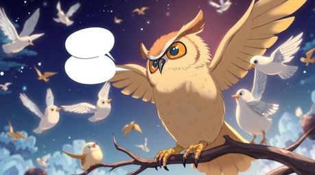 Experience a heartwarming scene in an Isekai anime style, featuring a blind owl in Pixar style lovingly teaching birds to fly