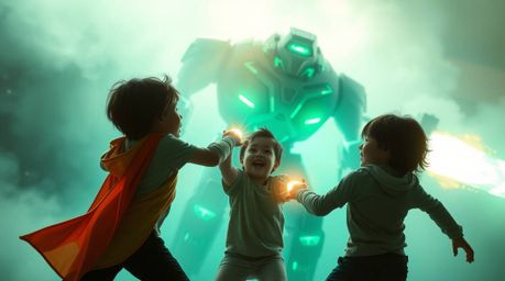 Experience a dreamy atmosphere depicting three superpowered children in an epic battle against a robot. The scene is brought 
