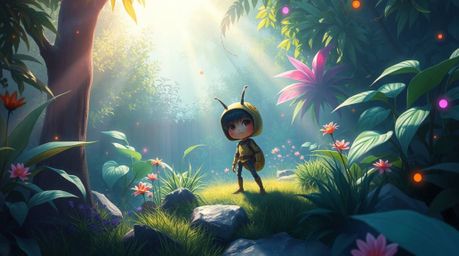 Explore a vibrant and mystical world with this digital painting depicting a bug-sized hero venturing through a lush backyard 