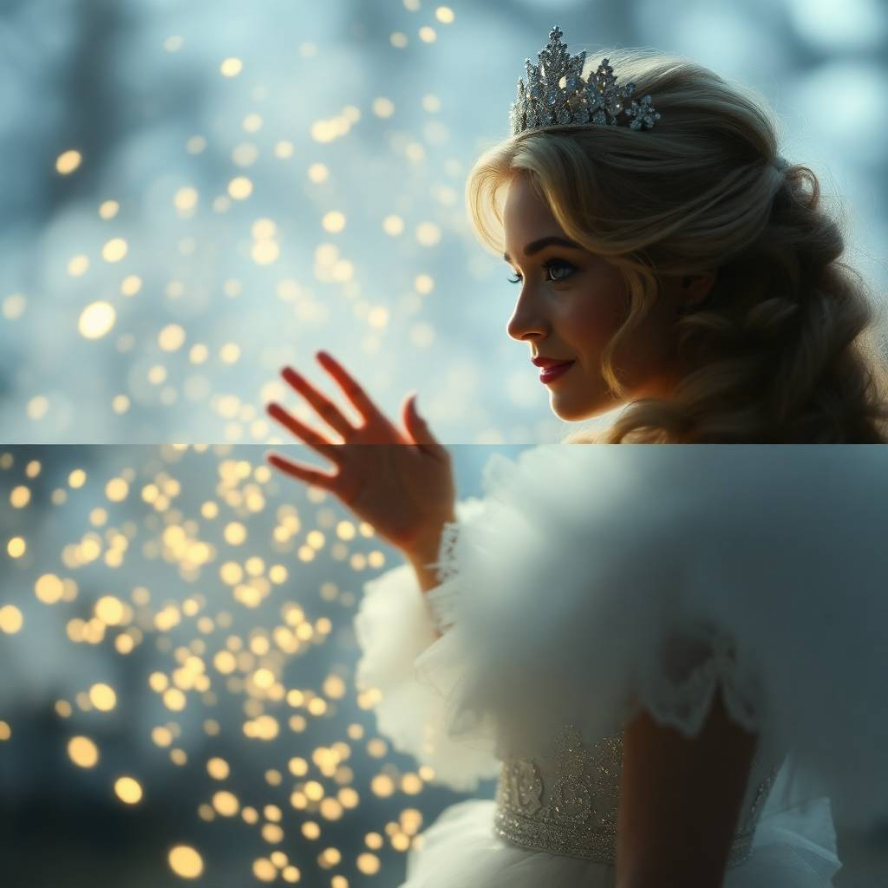 Experience a magical split-screen cinematic scene featuring a fairy godmother's ethereal appearance.  Bathed in a soft-focus 