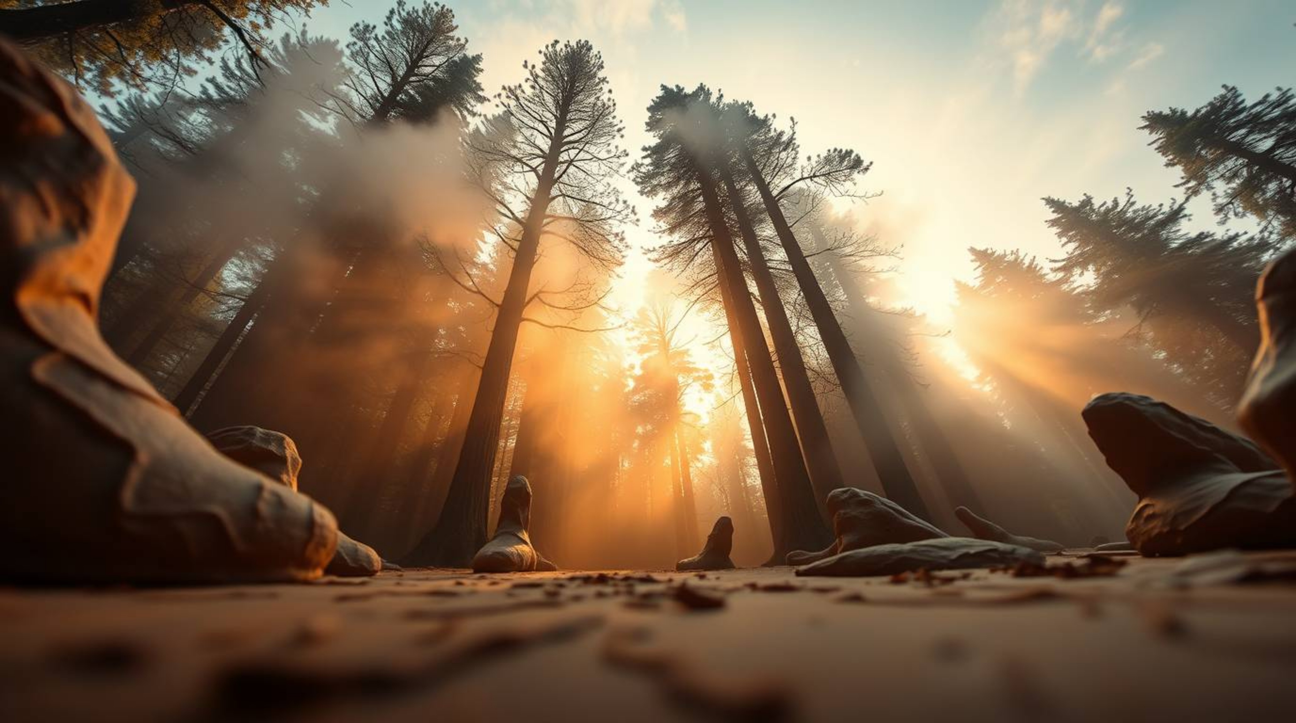 This sculptural clay art piece captures a mesmerizing low angle perspective, depicting mist rising from a forest during the g