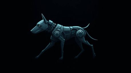 A captivating logo design featuring a futuristic dog autonomously walking in space.  The design incorporates an eerie atmosph