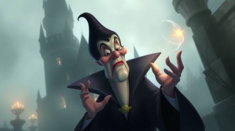 A captivating digital painting depicts a classic Disney villain with softened features, casting a spell within the walls of a