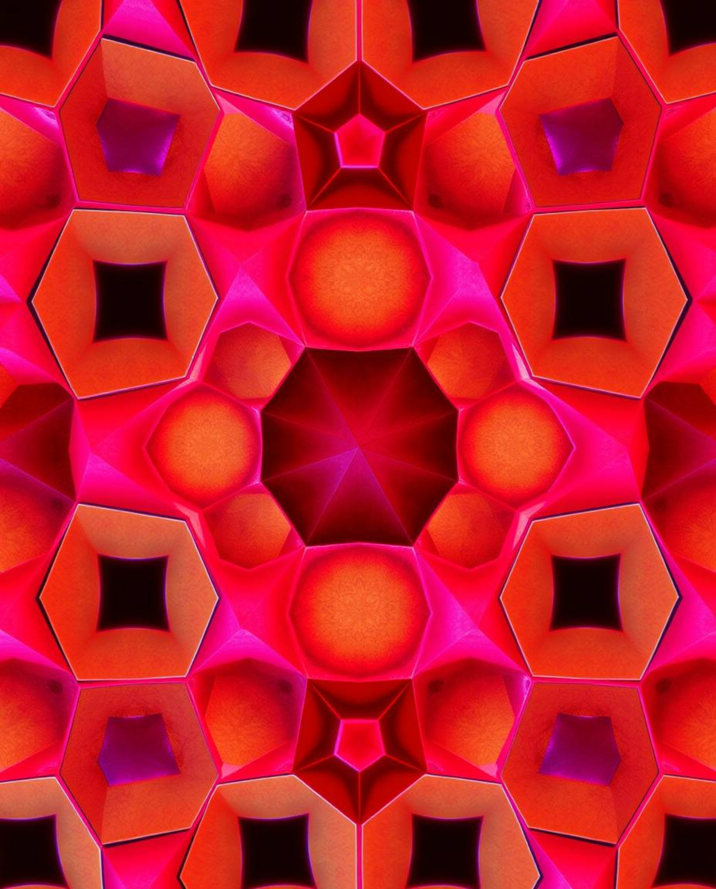 A surreal, otherworldly image features a seamless geometric pattern of hexagons and triangles rendered in vibrant neon colors
