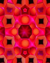 A surreal, otherworldly image features a seamless geometric pattern of hexagons and triangles rendered in vibrant neon colors