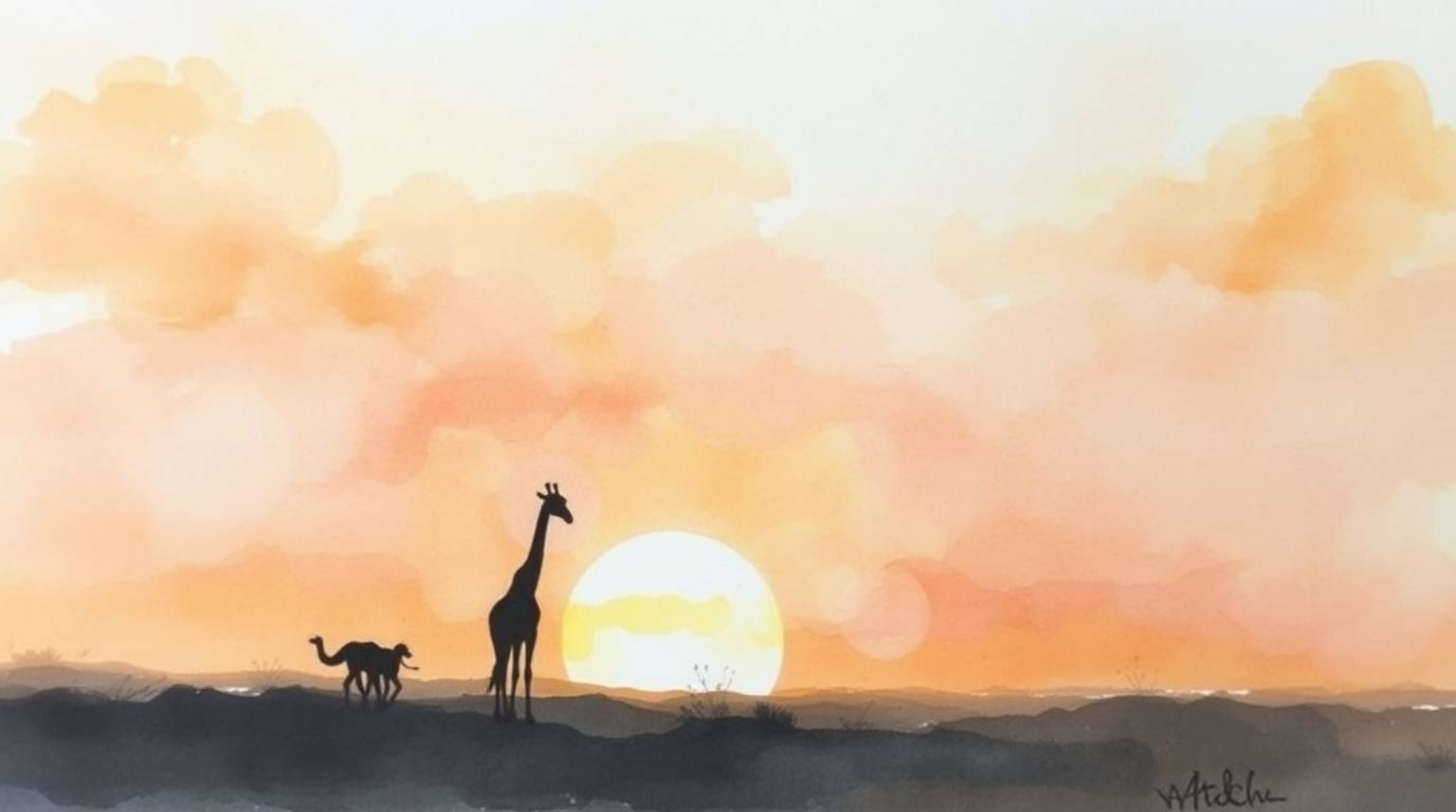 Experience the magic of the savanna with this delicate watercolor painting depicting a breathtaking sunset. Silhouetted giraf