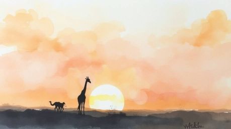Experience the magic of the savanna with this delicate watercolor painting depicting a breathtaking sunset. Silhouetted giraf