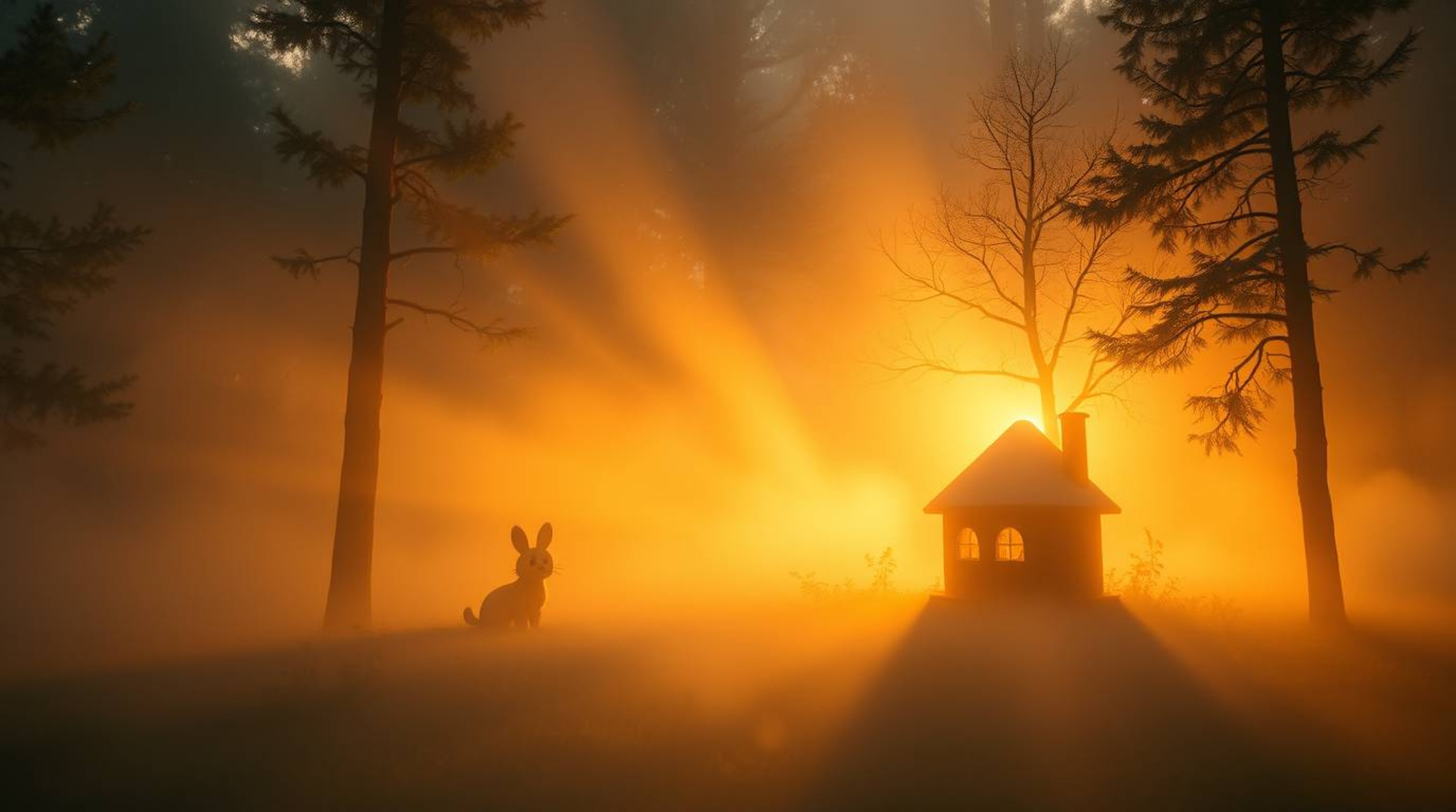 Experience the enchanting beauty of a golden hour forest where volumetric lighting casts an ethereal glow upon adorable and c