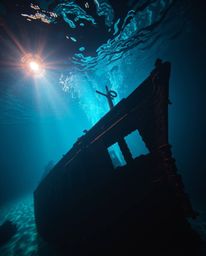 Experience a dramatic cinematic style brought to life through creative light art in an underwater shipwreck setting. This fil