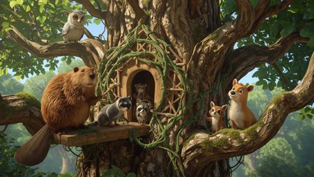 A high-resolution, commercial-grade stock photo, reminiscent of Pixar's signature style, depicts a beaver and a diverse group