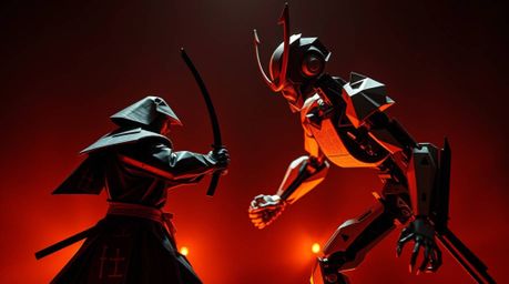 A captivating image depicting a samurai battling a robot in a dystopian world, rendered in intricate origami style with inten