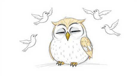 A heartwarming hand-drawn sketch in the style of Pixar depicts a gentle, blind owl with soft features and light brown feather