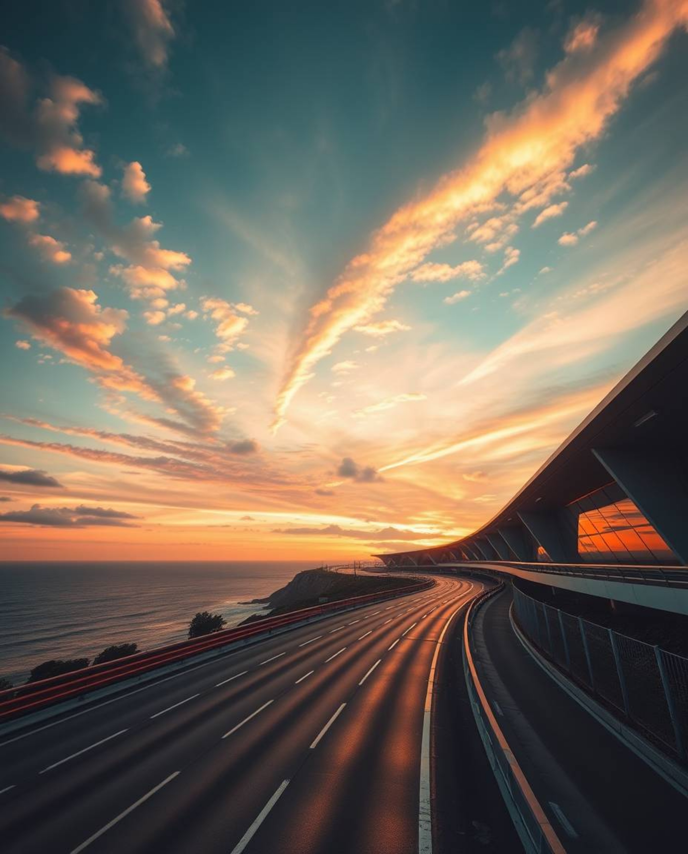 A photograph depicting an epic scene of a modern, futuristic sunset sky over a winding coastal highway. This image is charact