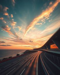 A photograph depicting an epic scene of a modern, futuristic sunset sky over a winding coastal highway. This image is charact