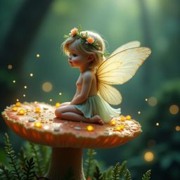 A delicate fairy, radiating an ethereal glow, sits serenely upon a vibrant mushroom in the heart of an enchanted forest. Surr