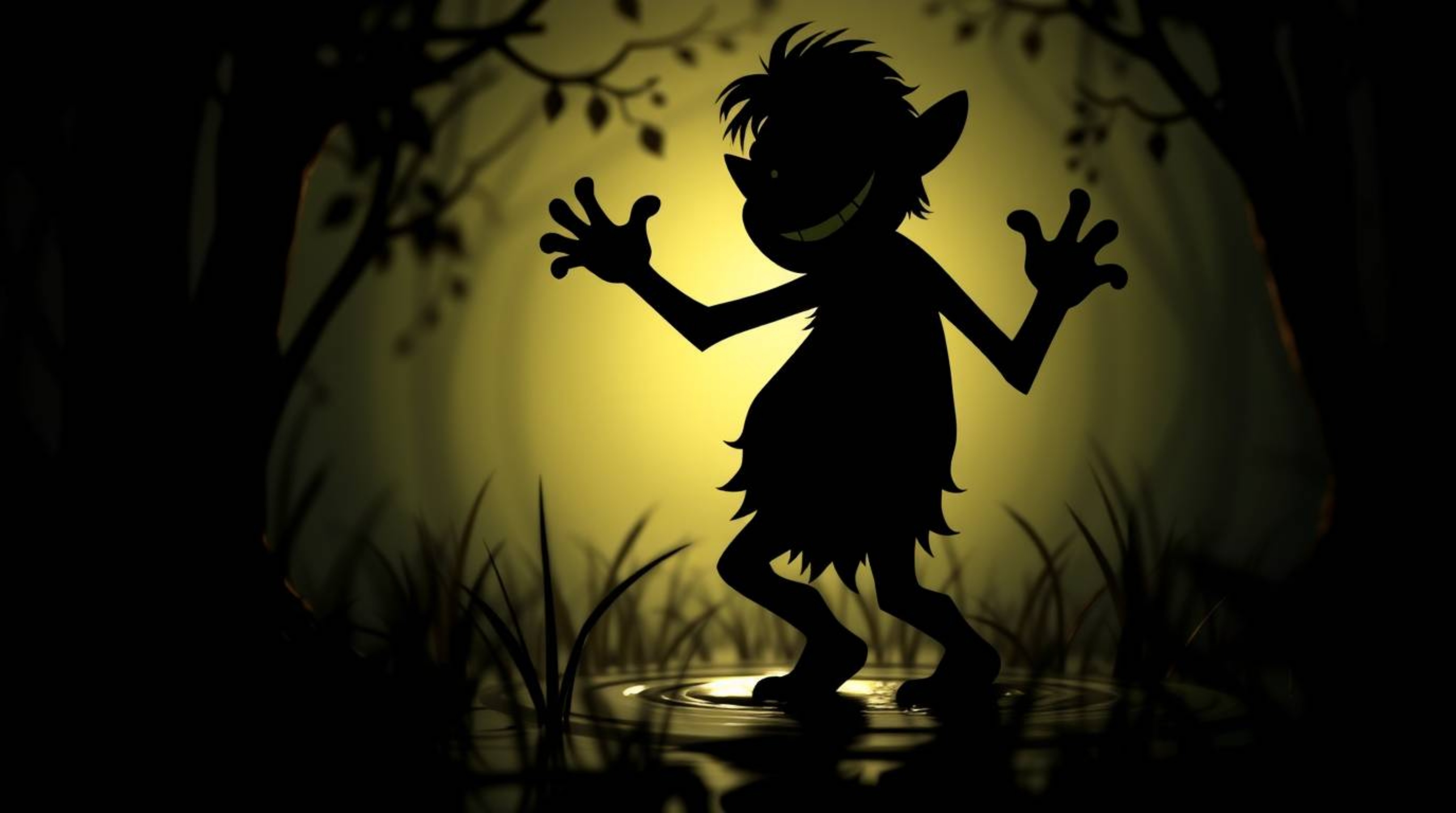 A charming and adorable ogre is captured in a silhouetted image, dancing in a swamp.  The backlighting creates a dramatic eff