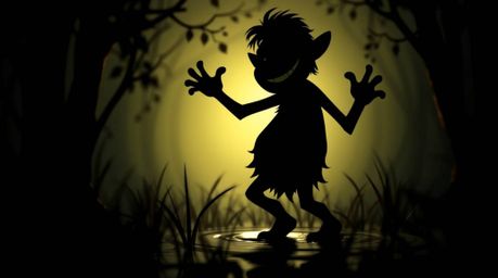 A charming and adorable ogre is captured in a silhouetted image, dancing in a swamp.  The backlighting creates a dramatic eff