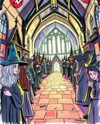 Explore a hand-drawn sketch of a magical school teeming with young wizards, brought to life in a vibrant color sketchnote sty