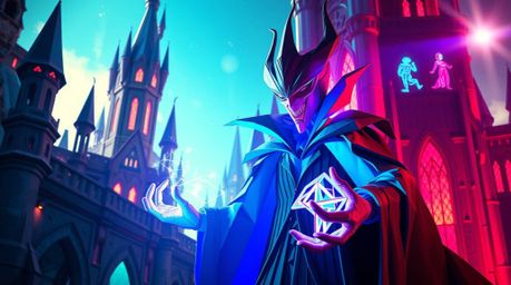 A classic Disney villain, crafted in intricate bioluminescent origami, casts a spell within a grand futuristic castle. This c