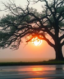 A soft, dreamy, wet rainy scene featuring a sunset behind an old oak tree with twisted branches. This image is characterized 