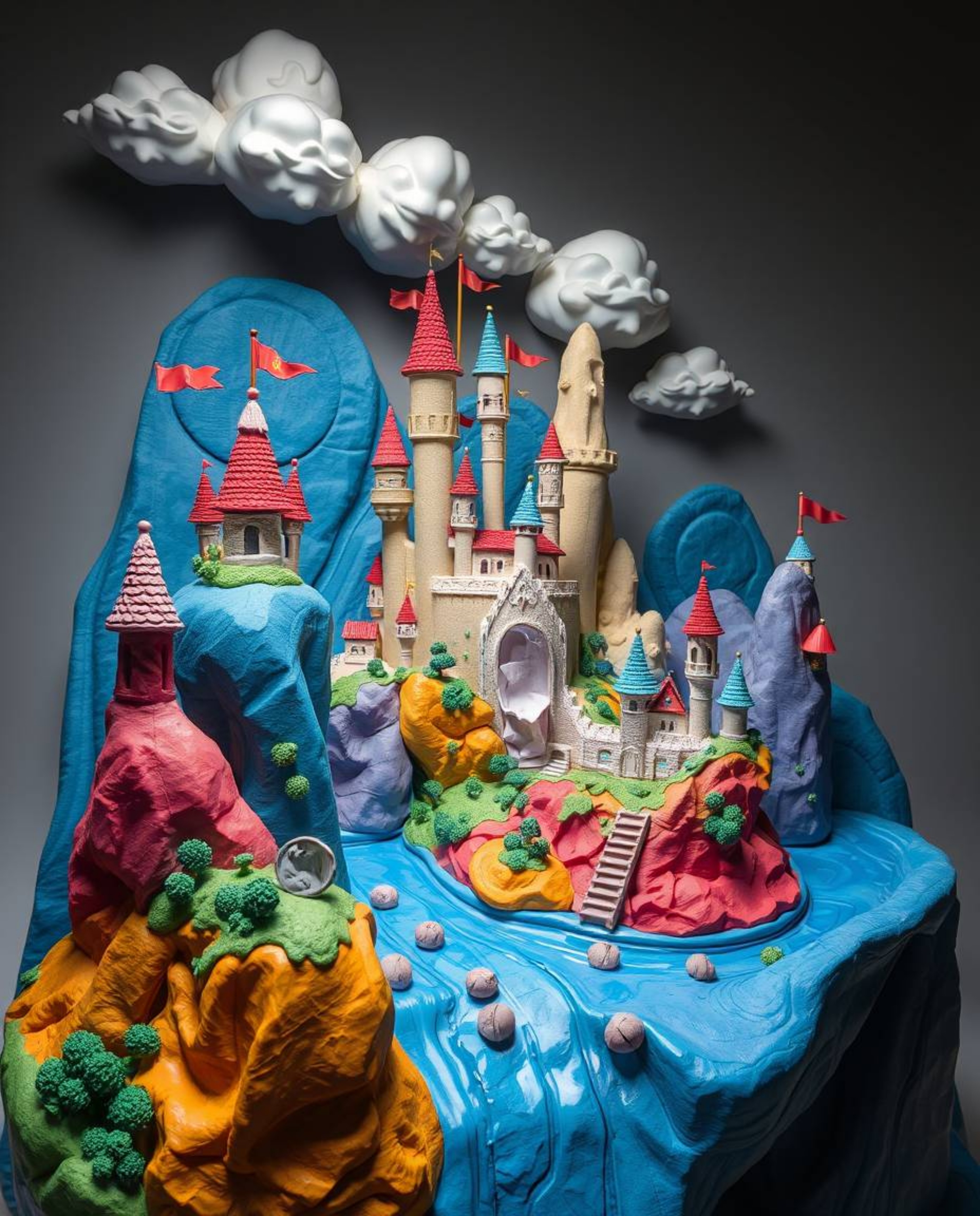 Discover breathtaking sculptural clay art depicting a vibrant kingdom with whimsical floating islands and majestic castles.