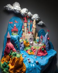 Discover breathtaking sculptural clay art depicting a vibrant kingdom with whimsical floating islands and majestic castles.