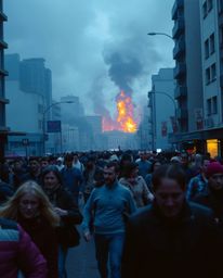 A powerful street photograph captures a city consumed by flames, showing people desperately fleeing in all directions. The sp