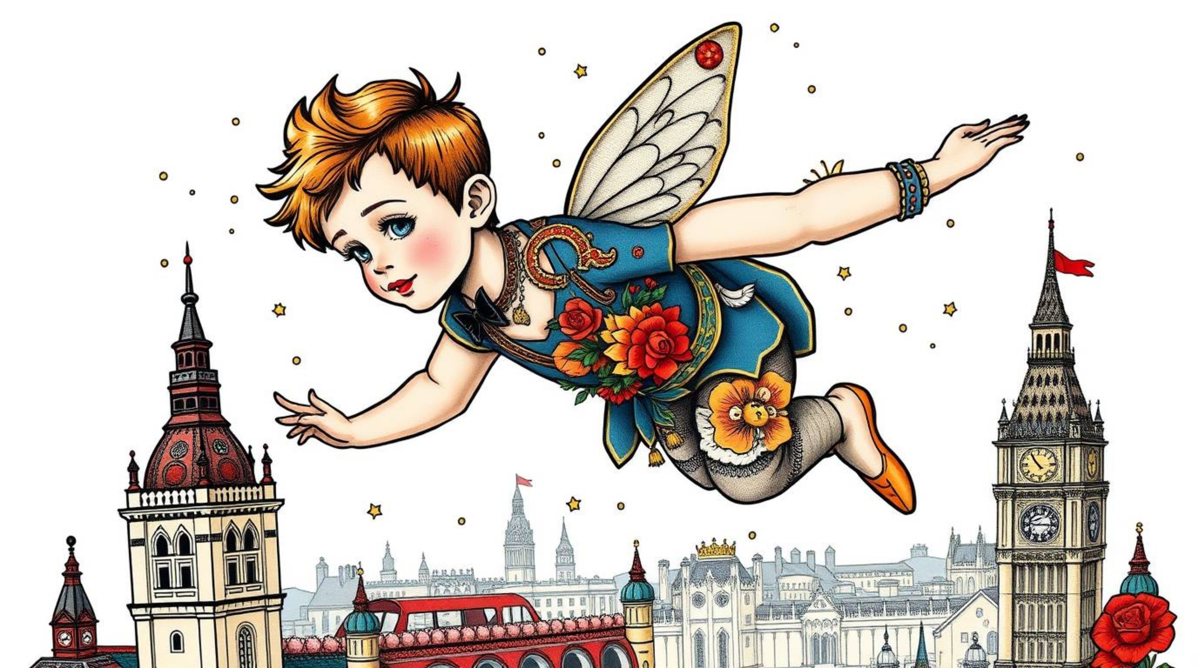 A vibrant traditional tattoo art print featuring a young boy with refined features gracefully flying above the London skyline