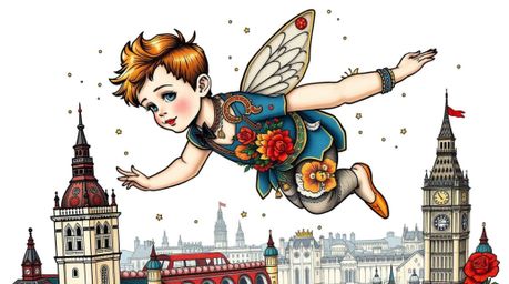 A vibrant traditional tattoo art print featuring a young boy with refined features gracefully flying above the London skyline