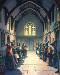 A captivating pastel illustration depicts a magical school teeming with young wizards, rendered in delicate pastel hues enhan