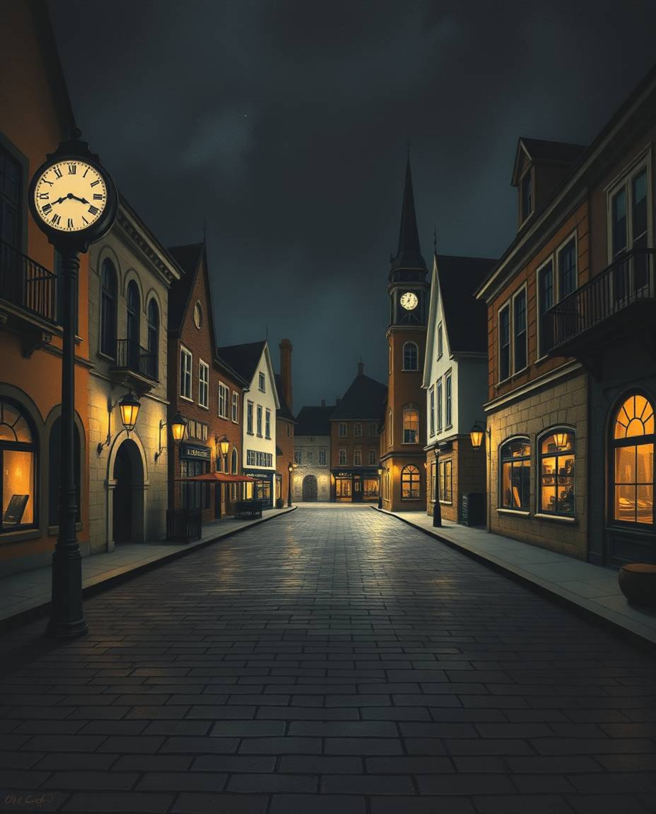 Discover a captivating image of an empty town square, rendered in a dramatic chiaroscuro style.  Ticking clocks add to the se